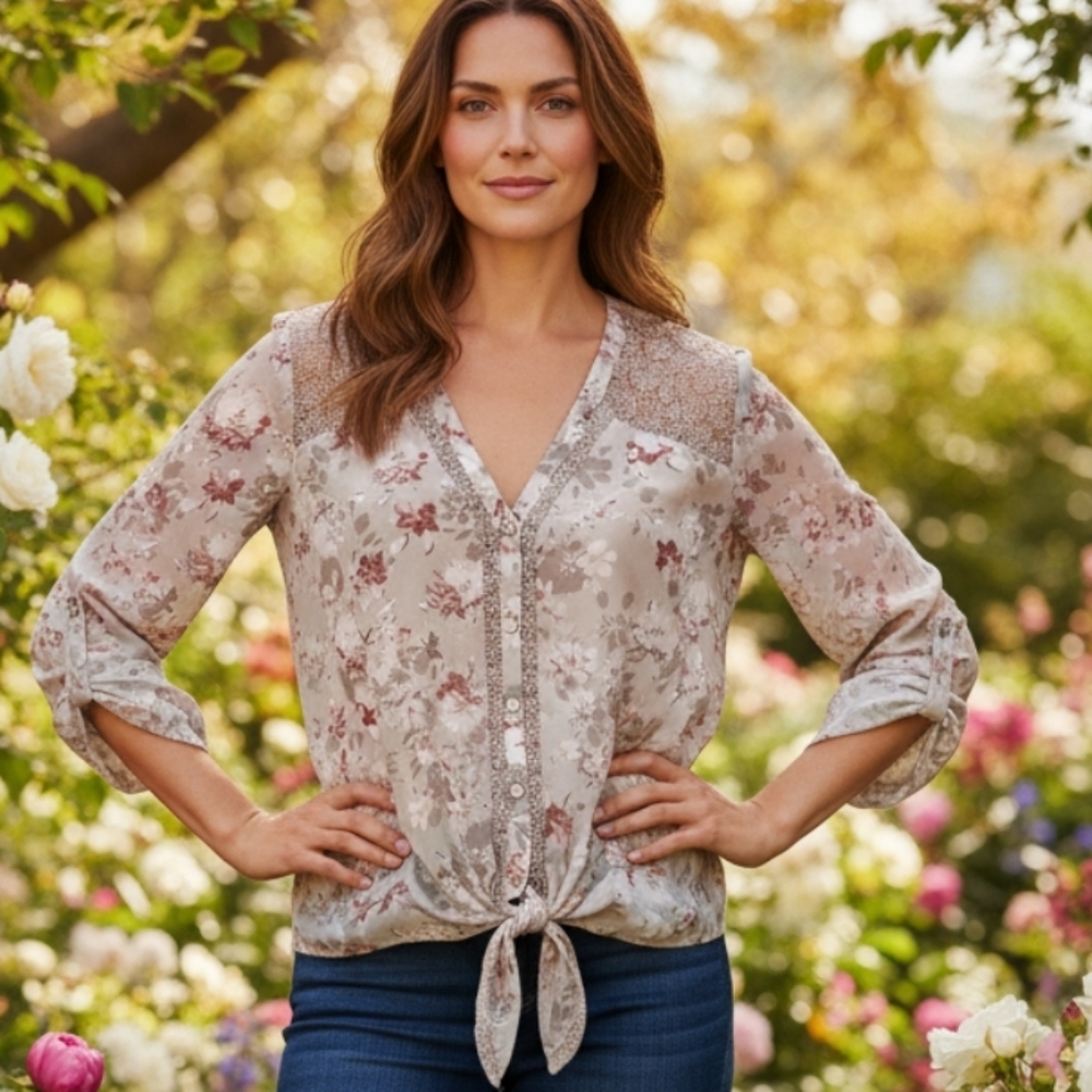 NEU OPTIONS Floral Lace Women's Top - Gray and Pink